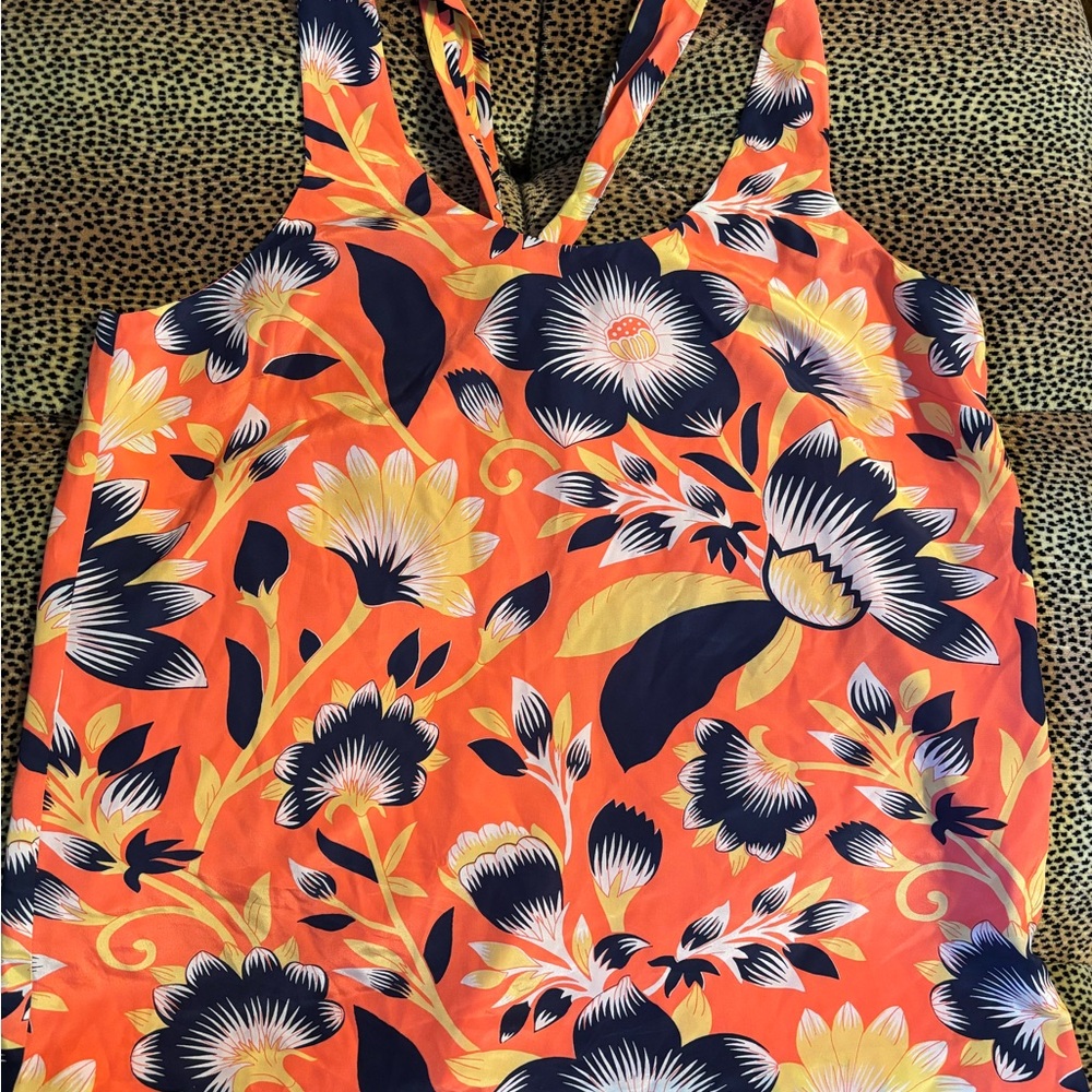 J. Crew Twist Back Orange and Navy Floral Top